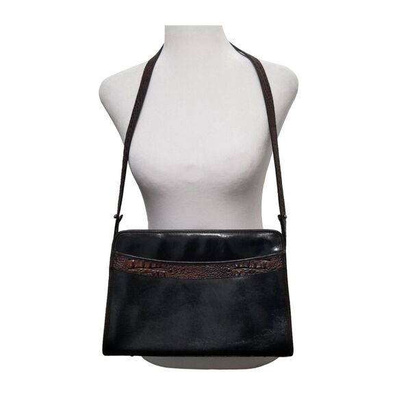 Brahmin Vintage Rare 90's Black Leather Brown Croc Shoulder Bag - Picture 1 of 16
